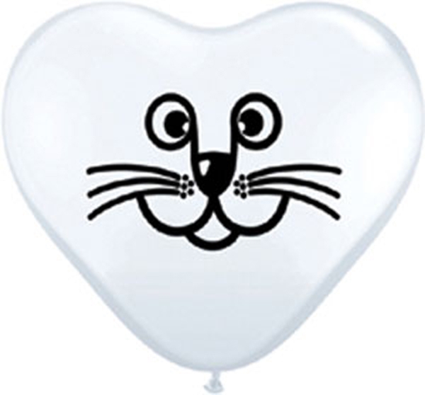 (100) 6" Heart - Cat Face - White balloons