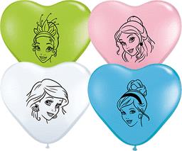 (100) 6" Heart Disney Princess Face Assorted - Tiana, Ariel, Cinderella, Belle balloons