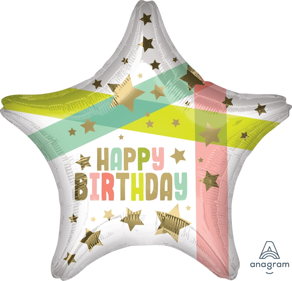 18" Foil Happy Birthday Gold Stars and Colors balloon