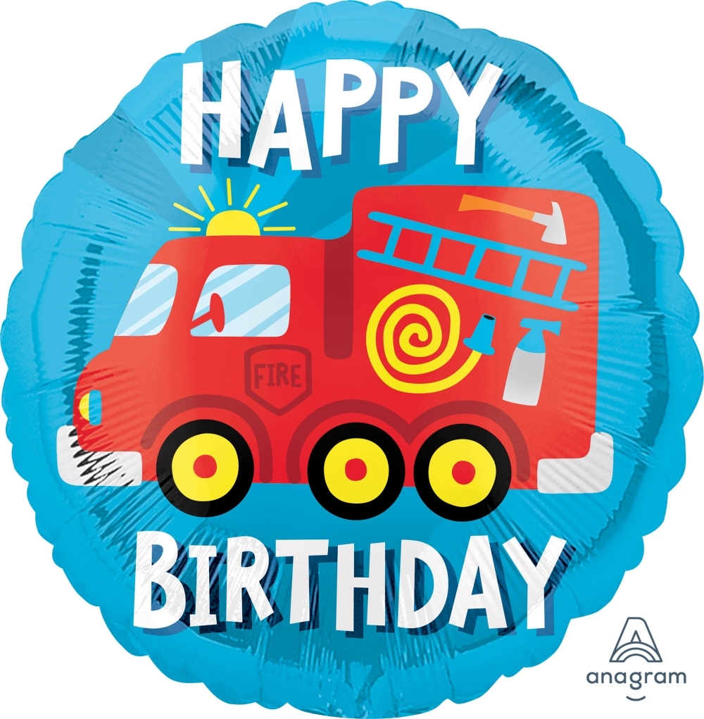 18" Foil HBD Happy Birthday Fire Truck balloon