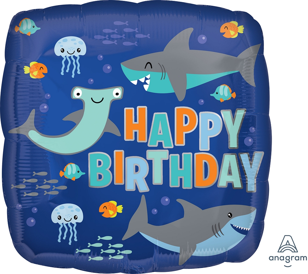 18" Happy Birthday Sharks balloon
