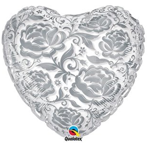 24" Heart - Crystal Roses & Flowers - Silver balloon