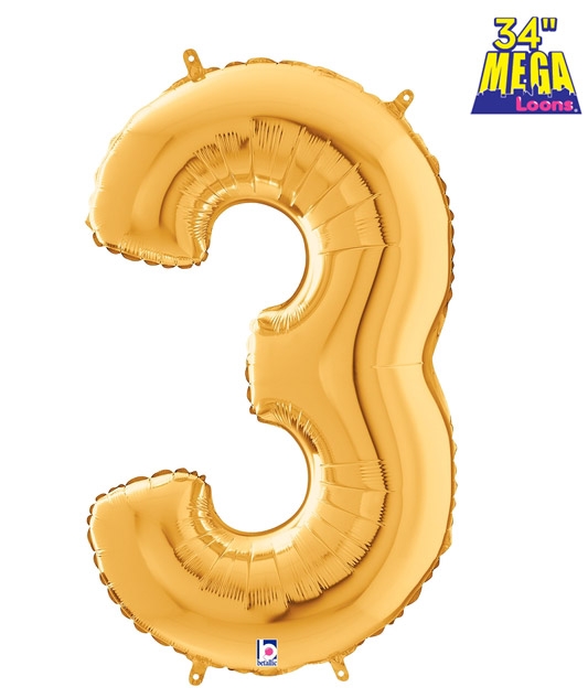 34" Number 3 Gold balloon