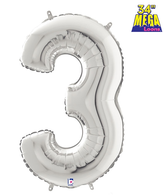 34" Number 3 Silver balloon