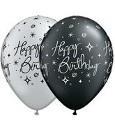 (50) 11" Happy Birthday Elegant Sparkles Pearl Black & Silver balloons