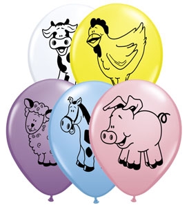 (50) 11" Farm Animal Assorted - Yellow, Pink, Pale Blue, White, Lilac balloons
