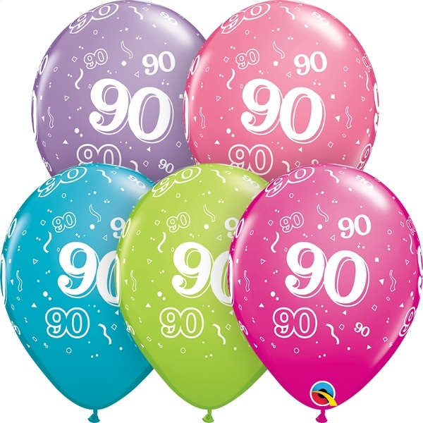 (50) 11" Birthday 90 Around Confetti - Trendy Assorted wild berry, rose, lime, tropical teal, lilac balloons