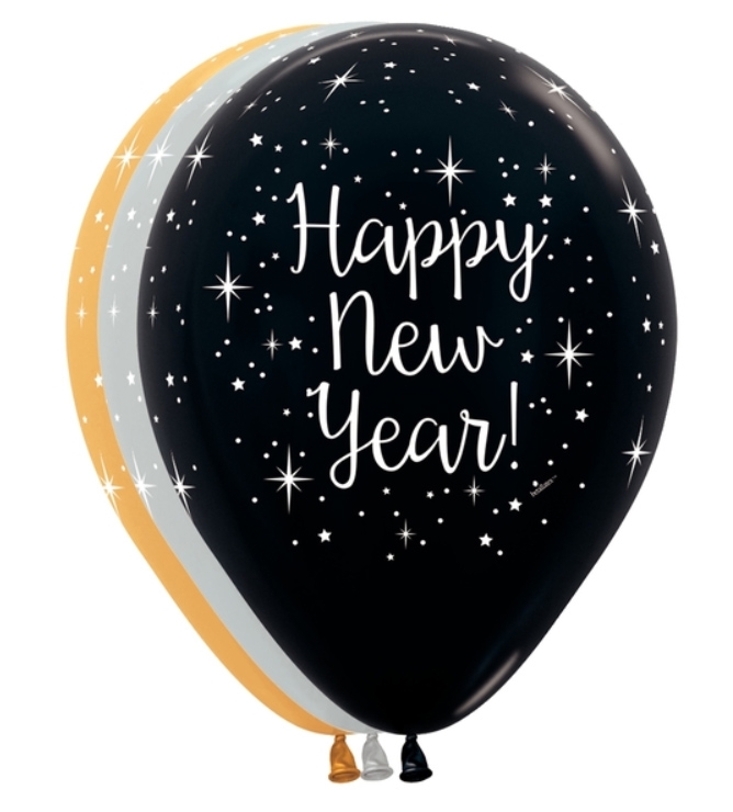 BET (50) 11" Glittering Happy New Year - Silver, Black, Gold balloons