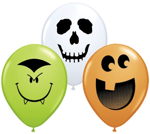 Q (100) 5" Halloween Face Assorted - Pumpkin Jack o' Lantern, Skeleton, Drakula balloon