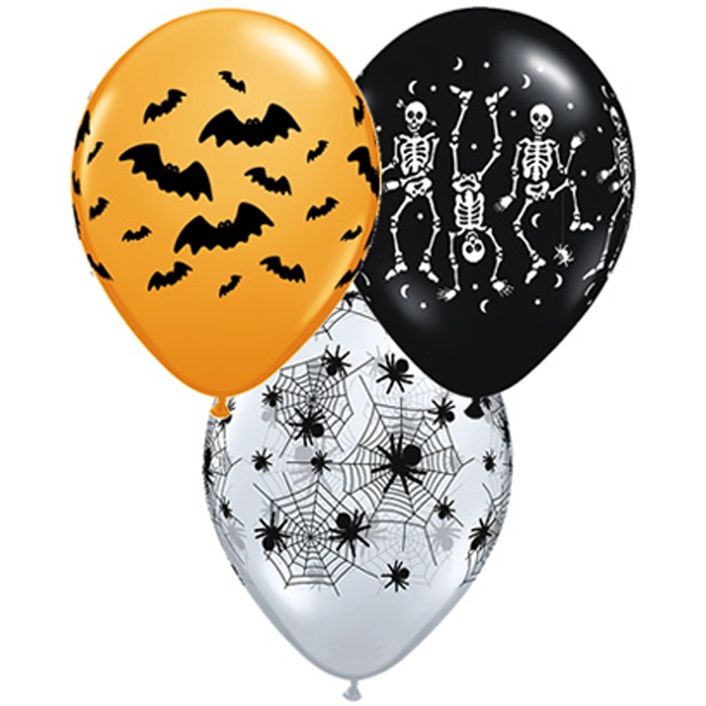 H - (50) 11" Spooky Design Assorted, Skeletons, Bats, Spiders balloon