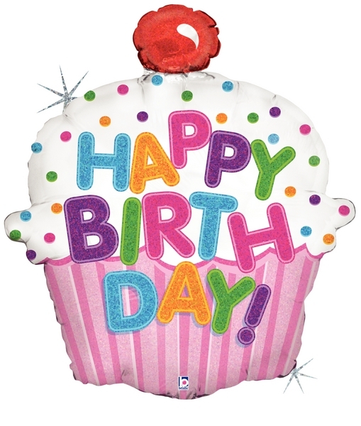 Holographic Happy Birthday Cupcake balloon