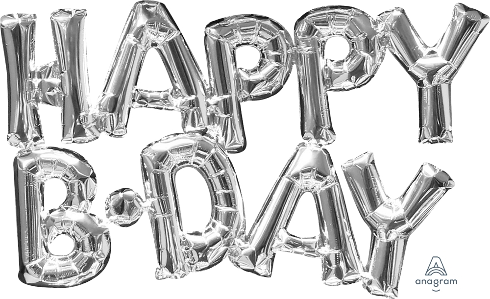 Block Phrase Happy BDAY Silver Script Words Air-fill Self-Sealing balloon