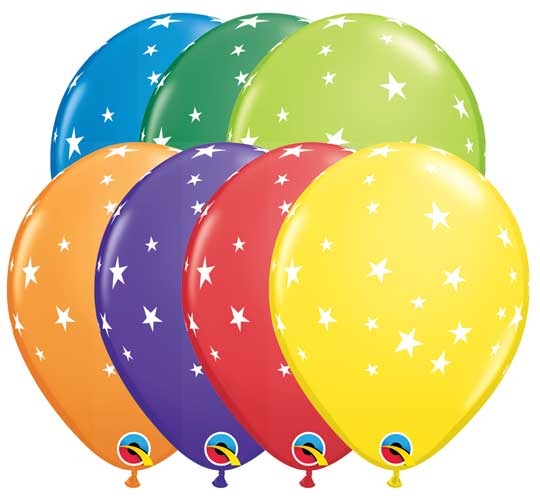 Q (100) 5" Contempo Stars White on Carnival Assorted Balloons